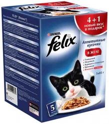 Felix Набор паучей Аппетитные кусочки + Felix PartyMix (лакомство) 4+1*20гр