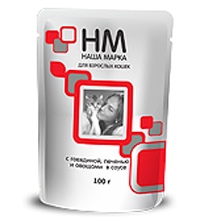 Наша Марка Корм консервированный для взрослых кошек с Говядиной, печенью и овощами в соусе (пауч)