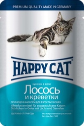 Happy Cat - Хэппи Кэт пауч для кошек Нежные кусочки в желе Лосось и Креветки